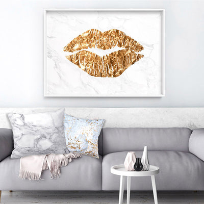 Solid Kiss White Marble & Gold (faux look foil) - Art Print, Poster, Stretched Canvas or Framed Wall Art Prints, shown framed in a room