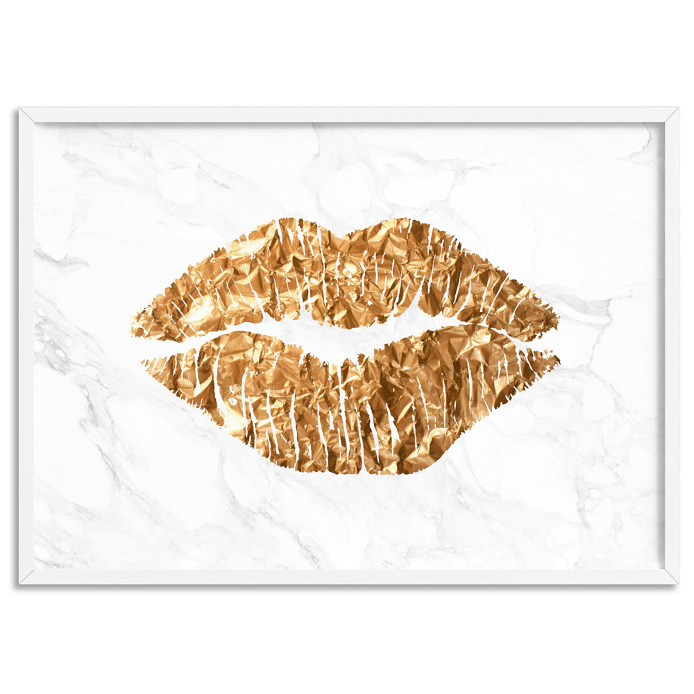 Solid Kiss White Marble & Gold (faux look foil) - Art Print, Poster, Stretched Canvas, or Framed Wall Art Print, shown in a white frame