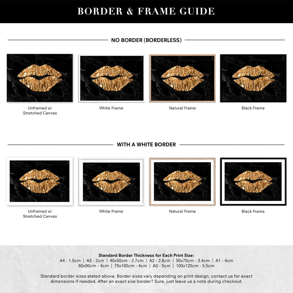 Solid Kiss Black Marble & Gold (faux look foil) - Art Print, Poster, Stretched Canvas or Framed Wall Art, Showing White , Black, Natural Frame Colours, No Frame (Unframed) or Stretched Canvas, and With or Without White Borders