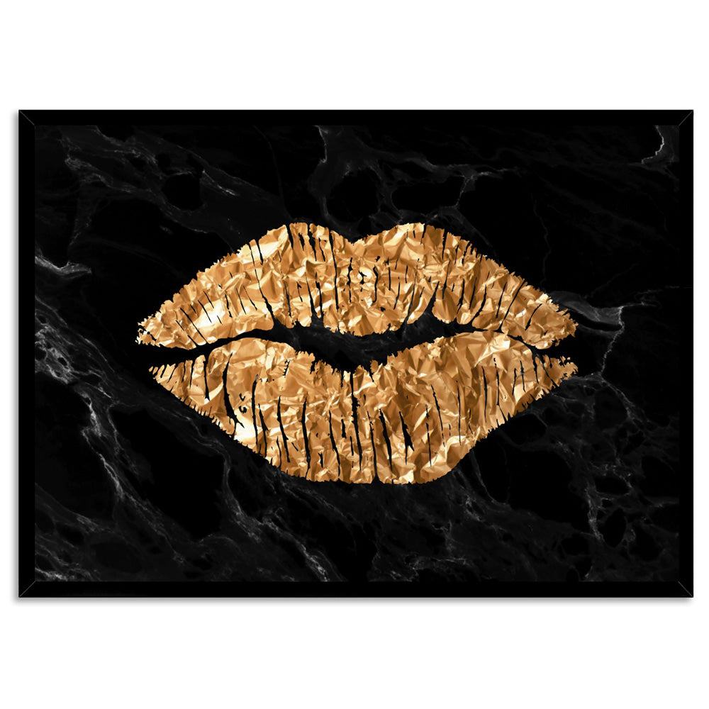 Solid Kiss Black Marble & Gold (faux look foil) - Art Print, Poster, Stretched Canvas, or Framed Wall Art Print, shown in a black frame