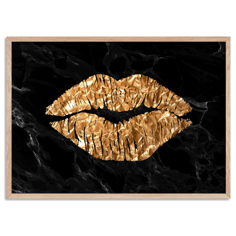 Solid Kiss Black Marble & Gold (faux look foil) - Art Print, Poster, Stretched Canvas, or Framed Wall Art Print, shown in a natural timber frame