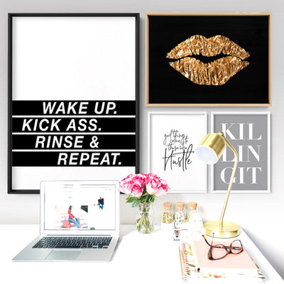 Solid Kiss Black Marble & Gold (faux look foil) - Art Print, Poster, Stretched Canvas or Framed Wall Art, shown framed in a home interior space