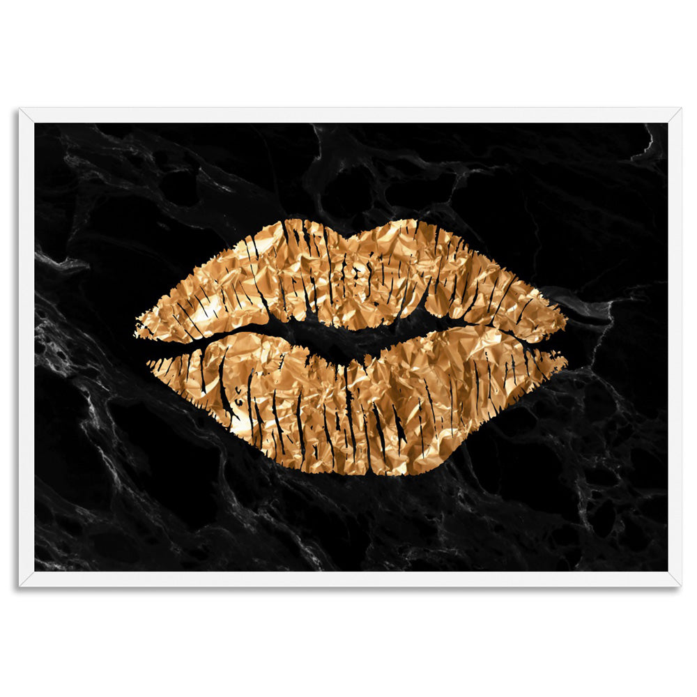 Solid Kiss Black Marble & Gold (faux look foil) - Art Print, Poster, Stretched Canvas, or Framed Wall Art Print, shown in a white frame