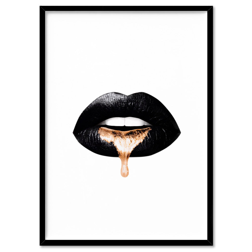 Liquid Gold & Black Lips - Art Print, Poster, Stretched Canvas, or Framed Wall Art Print, shown in a black frame