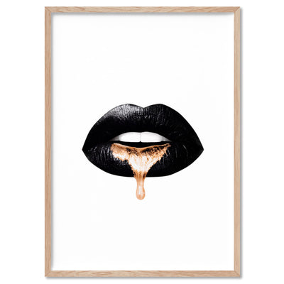 Liquid Gold & Black Lips - Art Print, Poster, Stretched Canvas, or Framed Wall Art Print, shown in a natural timber frame