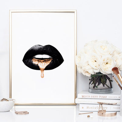 Liquid Gold & Black Lips - Art Print, Poster, Stretched Canvas or Framed Wall Art Prints, shown framed in a room