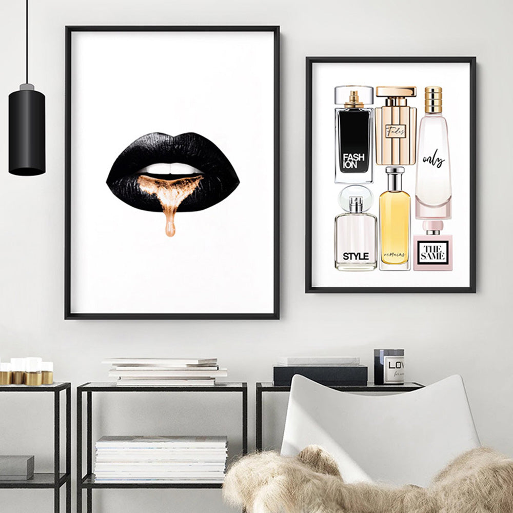 Liquid Gold & Black Lips - Art Print, Poster, Stretched Canvas or Framed Wall Art, shown framed in a home interior space