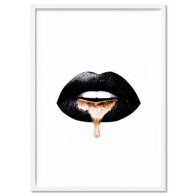 Liquid Gold & Black Lips - Art Print, Poster, Stretched Canvas, or Framed Wall Art Print, shown in a white frame