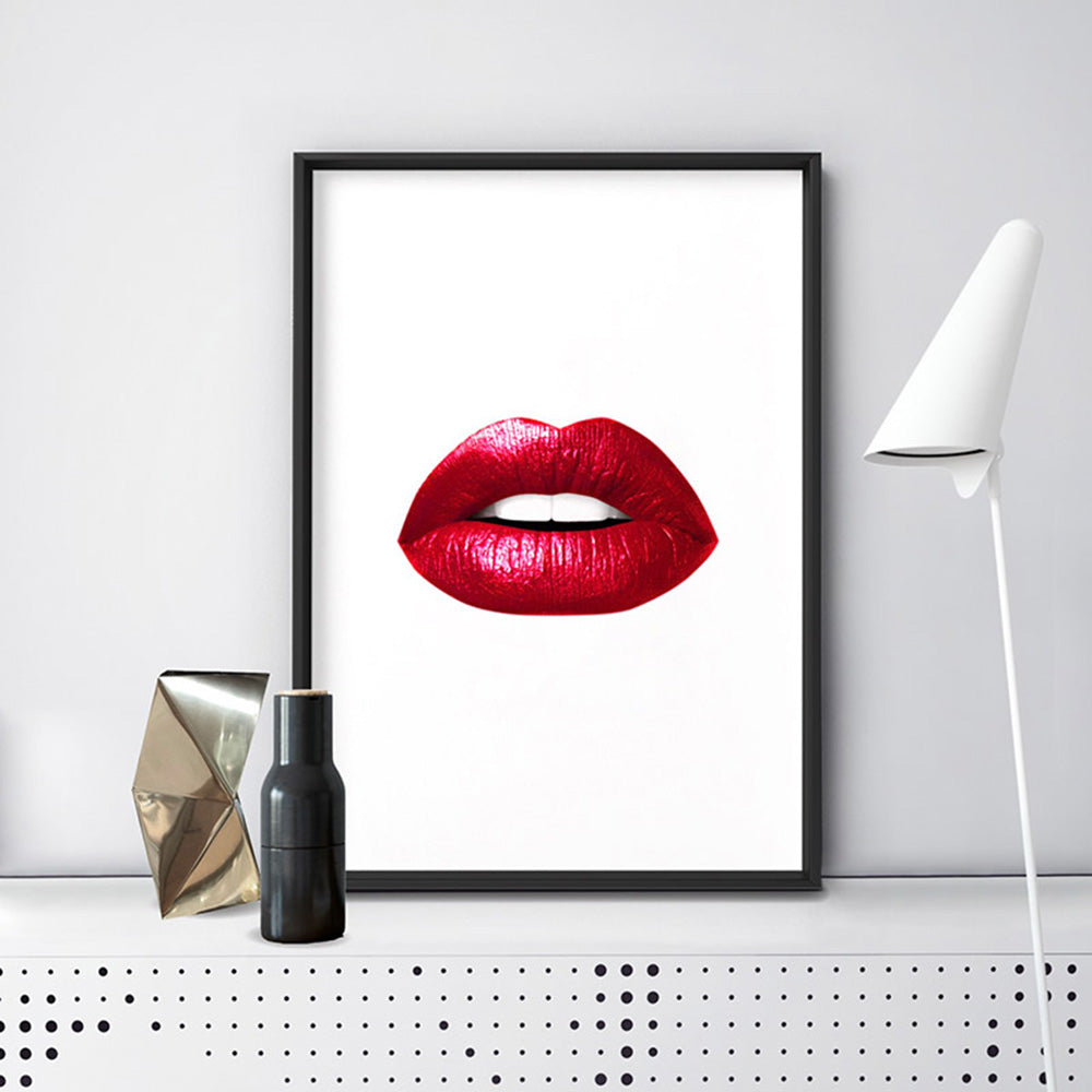 Red Lips - Art Print, Poster, Stretched Canvas or Framed Wall Art Prints, shown framed in a room