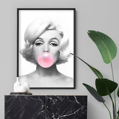 Marilyn Bubblegum - Art Print, Poster, Stretched Canvas or Framed Wall Art Prints, shown framed in a room