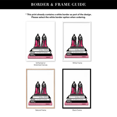 Stiletto Heels on Fashion Books - Art Print, Poster, Stretched Canvas or Framed Wall Art, Showing White , Black, Natural Frame Colours, No Frame (Unframed) or Stretched Canvas, and With or Without White Borders
