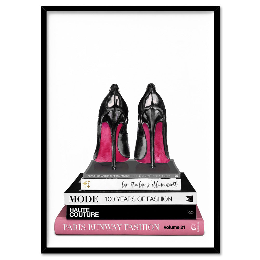 Stiletto Heels on Fashion Books - Art Print, Poster, Stretched Canvas, or Framed Wall Art Print, shown in a black frame