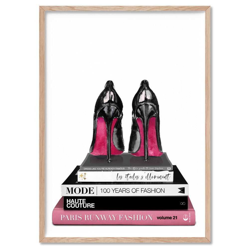 Stiletto Heels on Fashion Books - Art Print, Poster, Stretched Canvas, or Framed Wall Art Print, shown in a natural timber frame