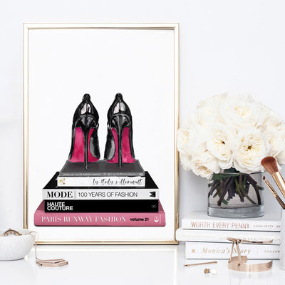 Stiletto Heels on Fashion Books - Art Print, Poster, Stretched Canvas or Framed Wall Art Prints, shown framed in a room
