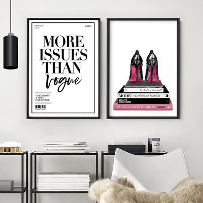 Stiletto Heels on Fashion Books - Art Print, Poster, Stretched Canvas or Framed Wall Art, shown framed in a home interior space