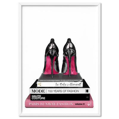 Stiletto Heels on Fashion Books - Art Print, Poster, Stretched Canvas, or Framed Wall Art Print, shown in a white frame