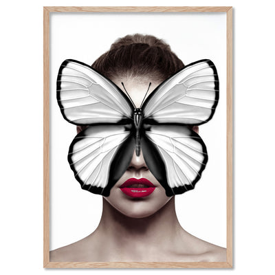 Butterfly Mask - Art Print, Poster, Stretched Canvas, or Framed Wall Art Print, shown in a natural timber frame