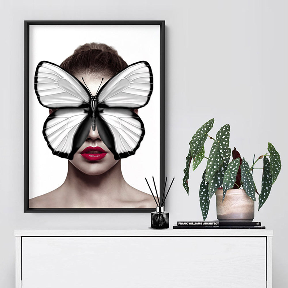 Butterfly Mask - Art Print, Poster, Stretched Canvas or Framed Wall Art Prints, shown framed in a room