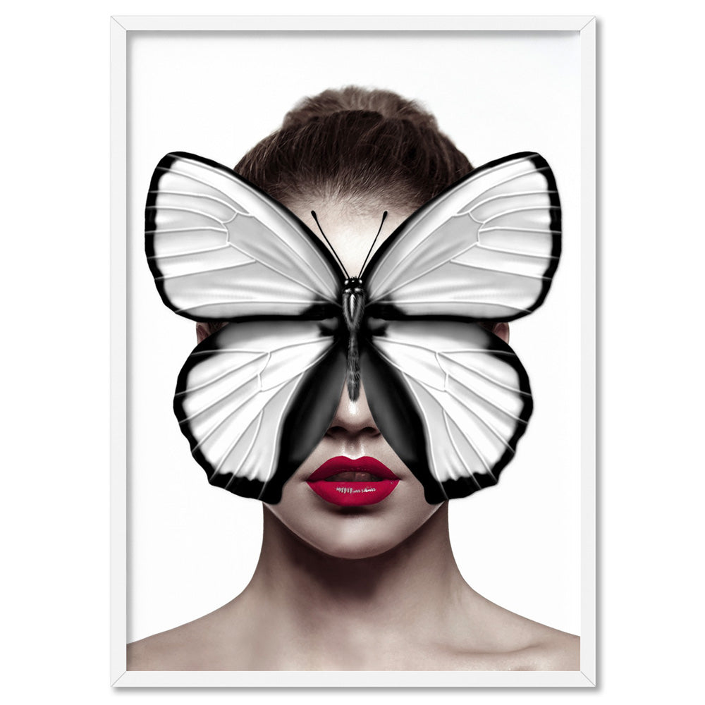Butterfly Mask - Art Print, Poster, Stretched Canvas, or Framed Wall Art Print, shown in a white frame