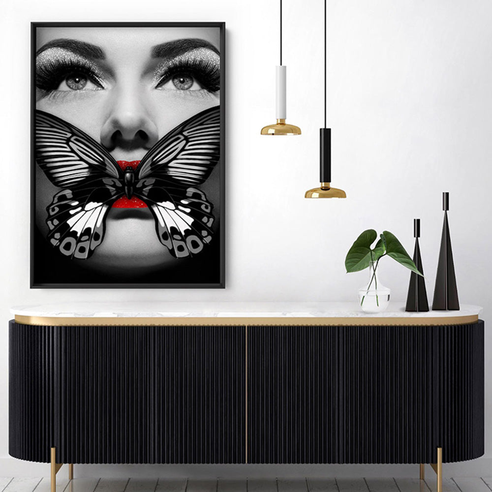 Butterfly Lips - Art Print, Poster, Stretched Canvas or Framed Wall Art Prints, shown framed in a room