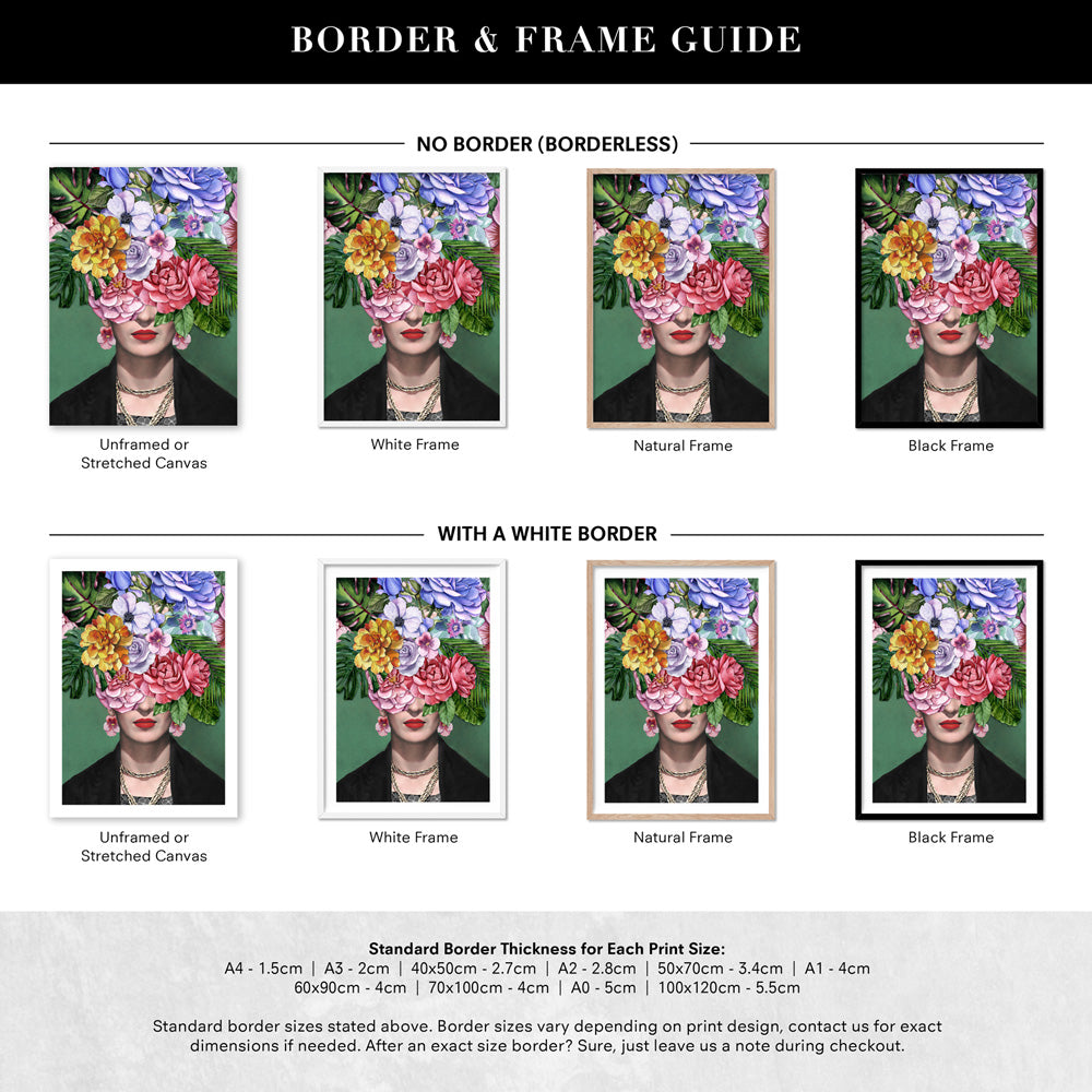 Frida Kahlo Watercolour Flower Bomb - Art Print, Poster, Stretched Canvas or Framed Wall Art, Showing White , Black, Natural Frame Colours, No Frame (Unframed) or Stretched Canvas, and With or Without White Borders