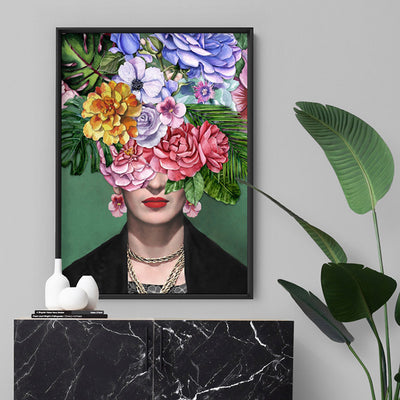 Frida Kahlo Watercolour Flower Bomb - Art Print, Poster, Stretched Canvas or Framed Wall Art Prints, shown framed in a room