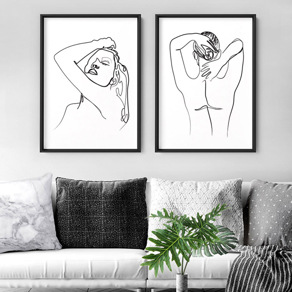 Naked Nude Line Drawing II - Art Print, Poster, Stretched Canvas or Framed Wall Art, shown framed in a home interior space