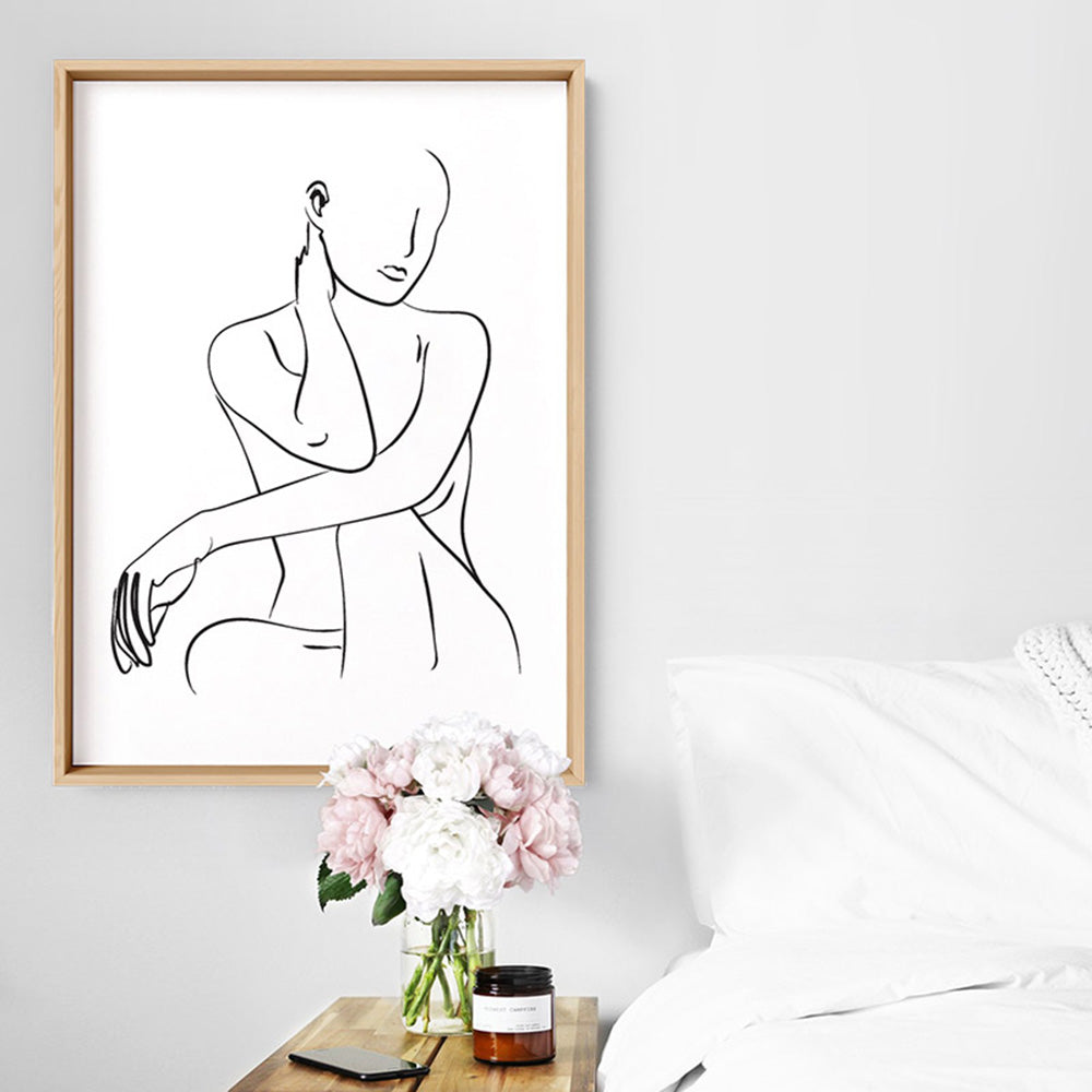 Naked Nude Line Drawing III - Art Print, Poster, Stretched Canvas or Framed Wall Art Prints, shown framed in a room