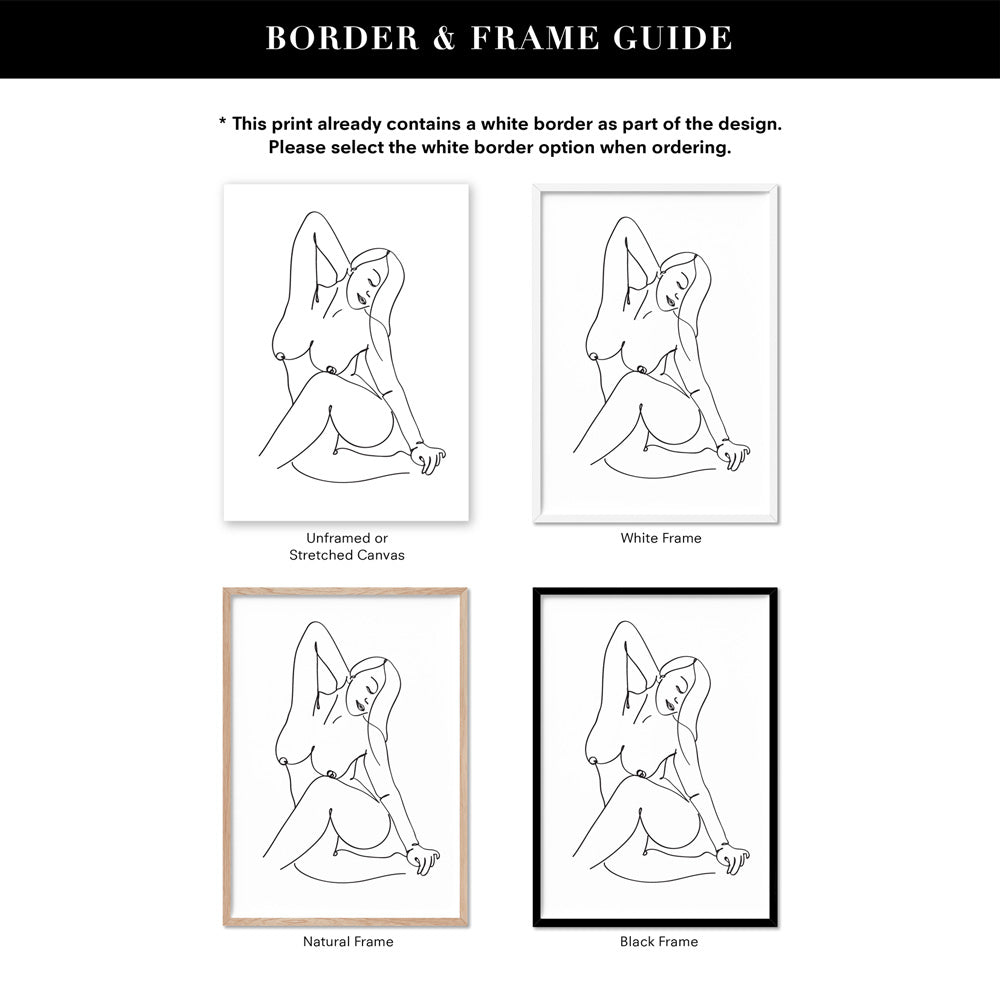 Naked Nude Line Drawing IV - Art Print, Poster, Stretched Canvas or Framed Wall Art, Showing White , Black, Natural Frame Colours, No Frame (Unframed) or Stretched Canvas, and With or Without White Borders