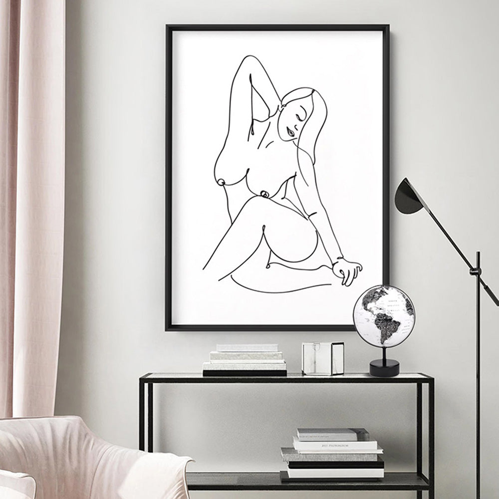 Naked Nude Line Drawing IV - Art Print, Poster, Stretched Canvas or Framed Wall Art Prints, shown framed in a room