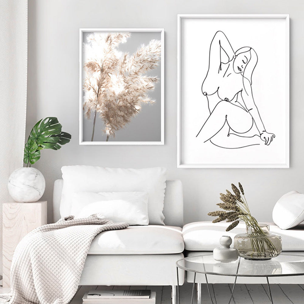 Naked Nude Line Drawing IV - Art Print, Poster, Stretched Canvas or Framed Wall Art, shown framed in a home interior space