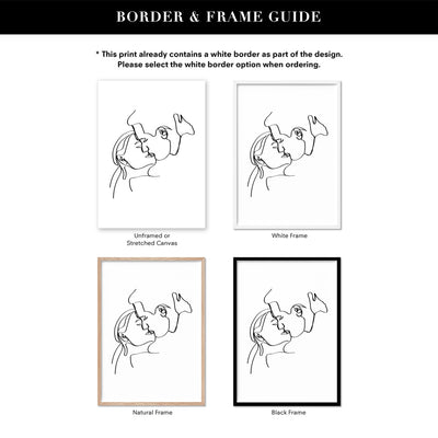 The Kiss Line Drawing - Art Print, Poster, Stretched Canvas or Framed Wall Art, Showing White , Black, Natural Frame Colours, No Frame (Unframed) or Stretched Canvas, and With or Without White Borders