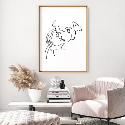 The Kiss Line Drawing - Art Print, Poster, Stretched Canvas or Framed Wall Art Prints, shown framed in a room