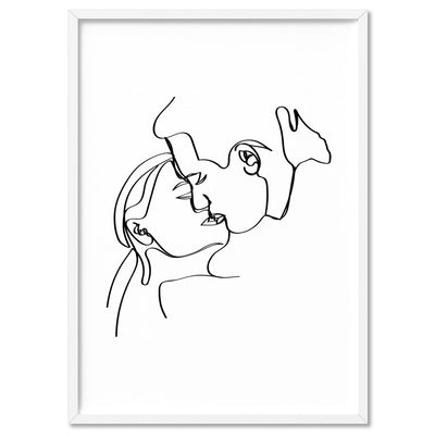 The Kiss Line Drawing - Art Print, Poster, Stretched Canvas, or Framed Wall Art Print, shown in a white frame