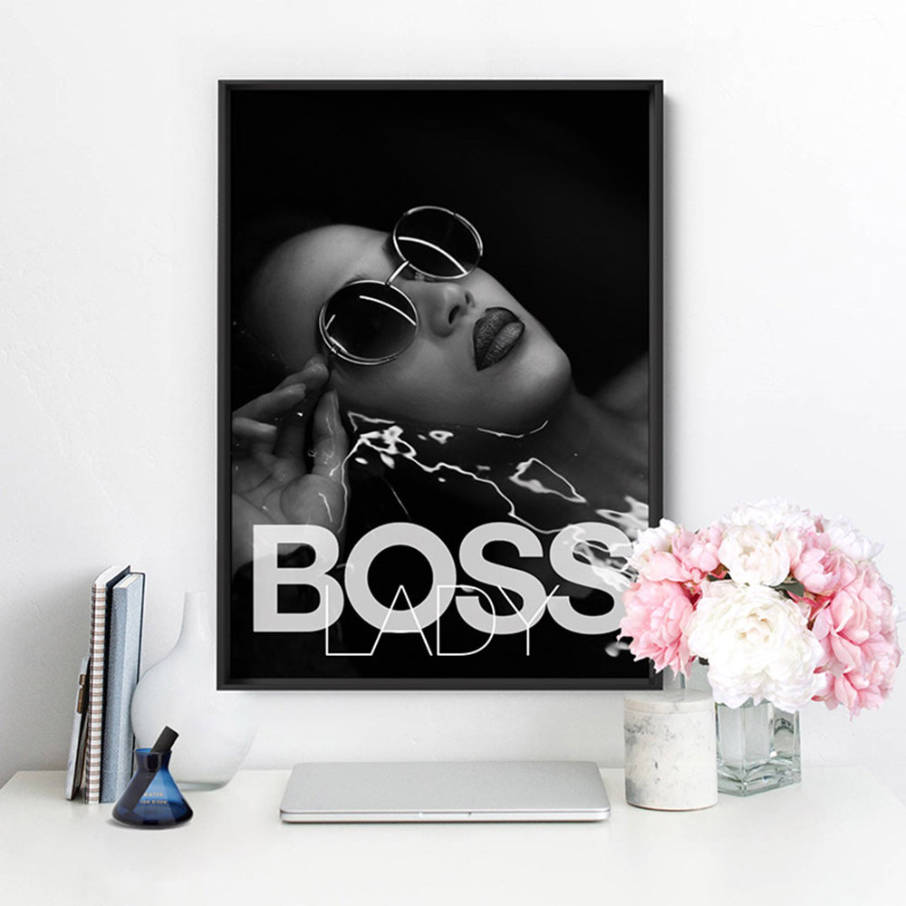 BOSS Lady Black and White I - Art Print, Poster, Stretched Canvas or Framed Wall Art Prints, shown framed in a room