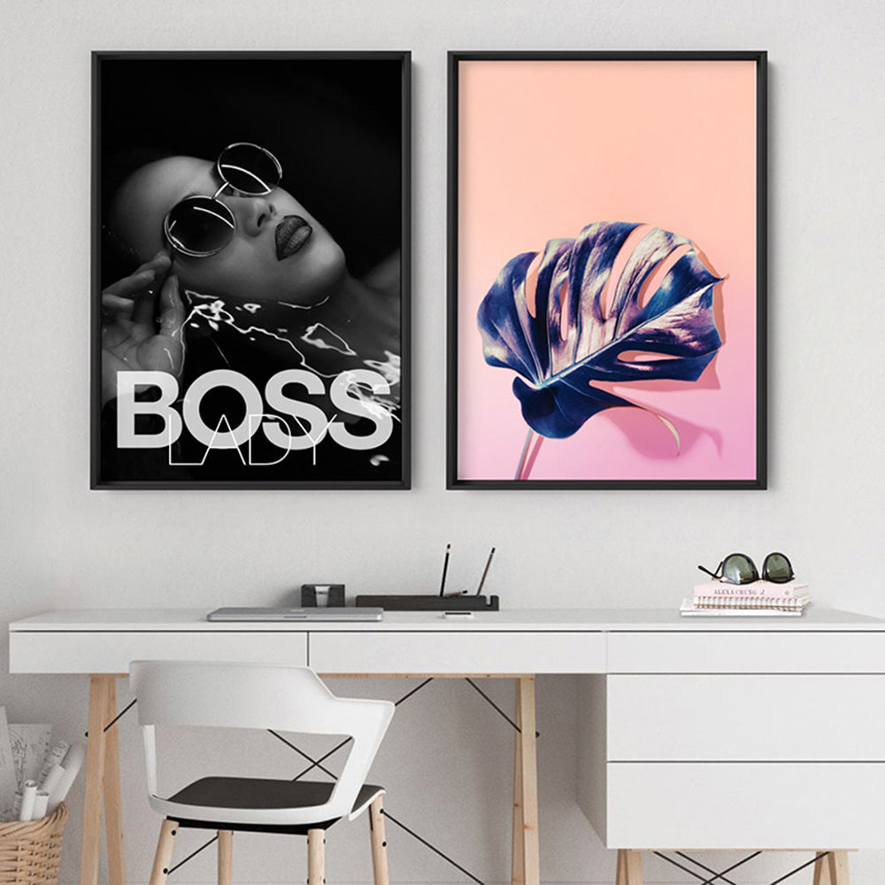 BOSS Lady Black and White I - Art Print, Poster, Stretched Canvas or Framed Wall Art, shown framed in a home interior space
