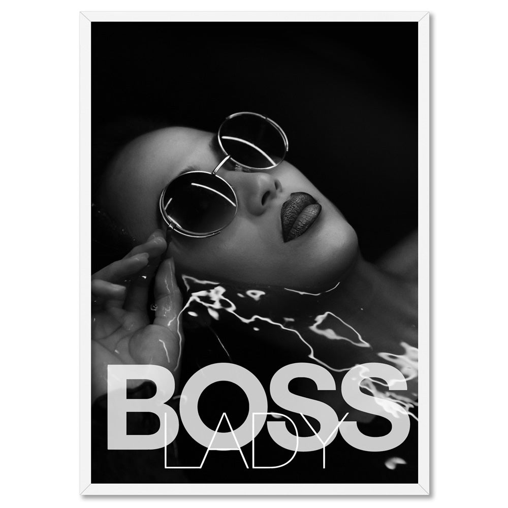 BOSS Lady Black and White I - Art Print, Poster, Stretched Canvas, or Framed Wall Art Print, shown in a white frame