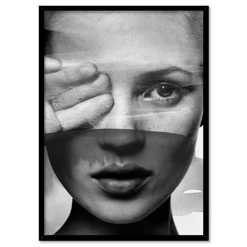 Kate with Veil Black and White - Art Print, Poster, Stretched Canvas, or Framed Wall Art Print, shown in a black frame