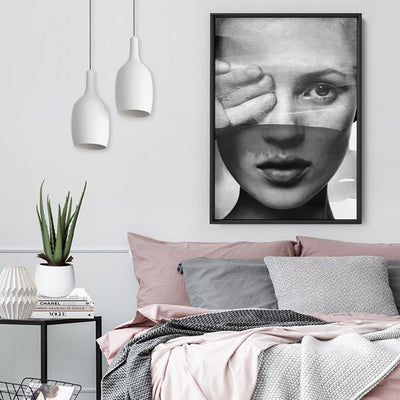 Kate with Veil Black and White - Art Print, Poster, Stretched Canvas or Framed Wall Art Prints, shown framed in a room