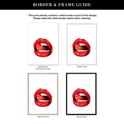 Red Hot Lips - Art Print, Poster, Stretched Canvas or Framed Wall Art, Showing White , Black, Natural Frame Colours, No Frame (Unframed) or Stretched Canvas, and With or Without White Borders