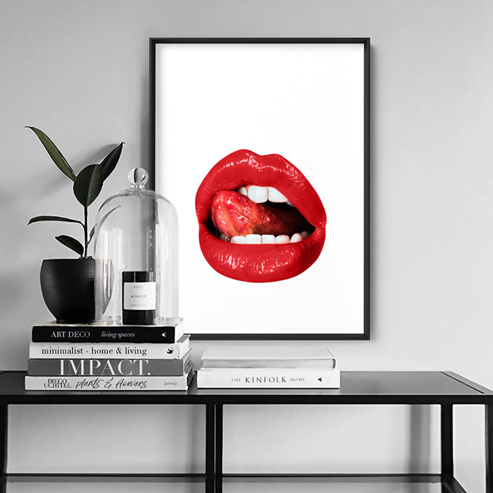 Red Hot Lips - Art Print, Poster, Stretched Canvas or Framed Wall Art Prints, shown framed in a room