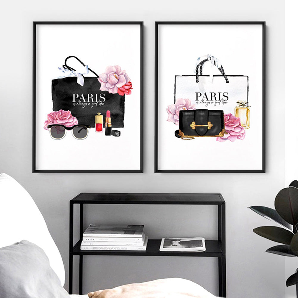 Shopping in Paris I - Art Print, Poster, Stretched Canvas or Framed Wall Art, shown framed in a home interior space