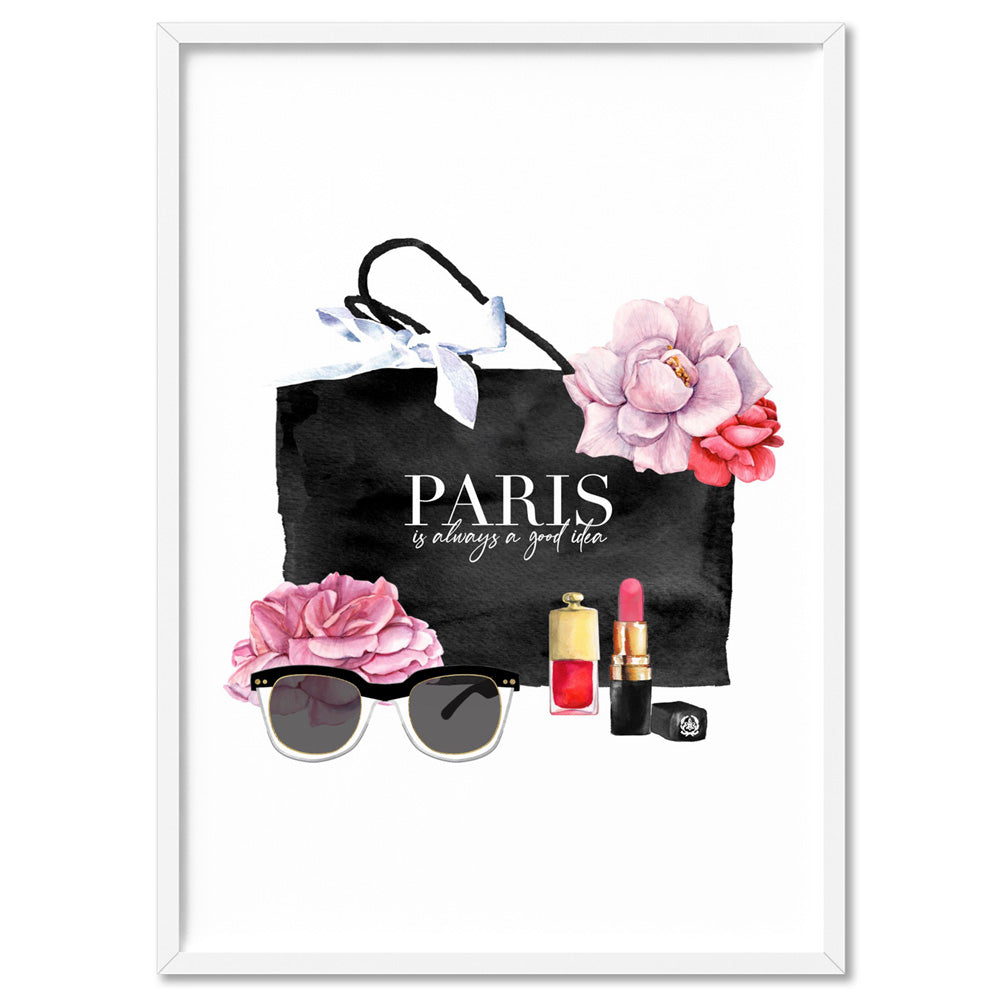 Shopping in Paris I - Art Print, Poster, Stretched Canvas, or Framed Wall Art Print, shown in a white frame