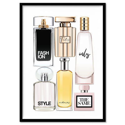 Perfume Bottles | Fashion Fades Quote Portrait - Art Print, Poster, Stretched Canvas, or Framed Wall Art Print, shown in a black frame