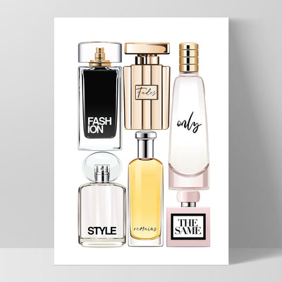Perfume Bottles | Fashion Fades Quote Portrait - Art Print, Poster, Stretched Canvas, or Framed Wall Art Print, shown as a stretched canvas or poster without a frame