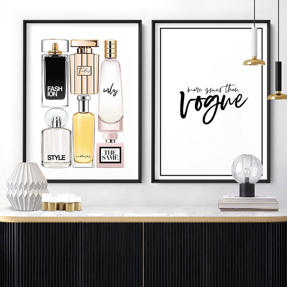 Perfume Bottles | Fashion Fades Quote Portrait - Art Print, Poster, Stretched Canvas or Framed Wall Art, shown framed in a home interior space