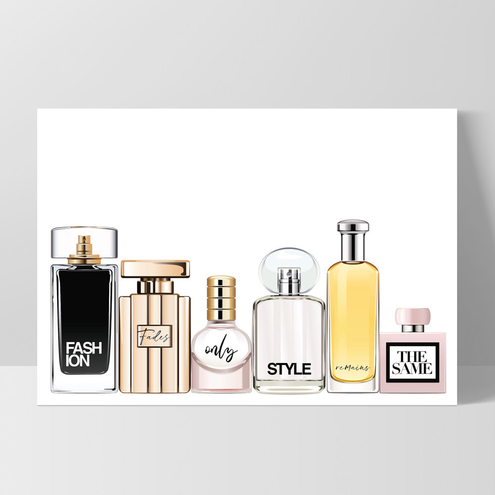 Perfume Bottles | Fashion Fades Quote Landscape - Art Print, Poster, Stretched Canvas, or Framed Wall Art Print, shown as a stretched canvas or poster without a frame