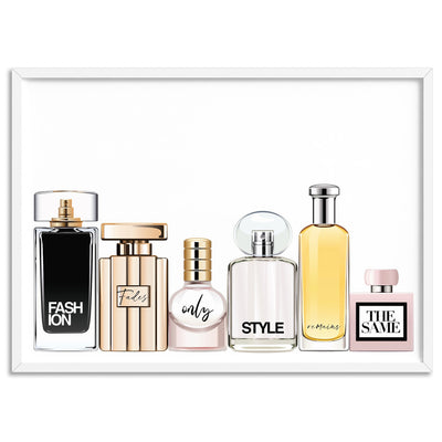 Perfume Bottles | Fashion Fades Quote Landscape - Art Print, Poster, Stretched Canvas, or Framed Wall Art Print, shown in a white frame