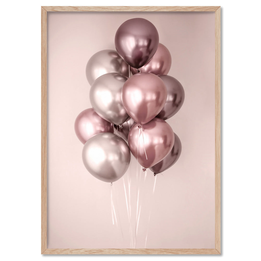 Rose Blush Balloons Bunch - Art Print, Poster, Stretched Canvas, or Framed Wall Art Print, shown in a natural timber frame