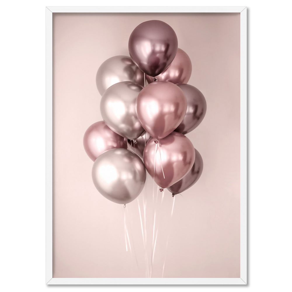 Rose Blush Balloons Bunch - Art Print, Poster, Stretched Canvas, or Framed Wall Art Print, shown in a white frame